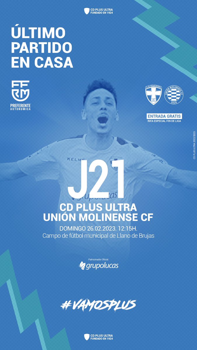 CDPlusUltra's tweet photo. #J21Preferente | ÚLTIMO PARTIDO EN CASA | X @UnionMolinense | Domingo 26 de febrero a las 12:15H. en el campo de fútbol municipal de Llano de Brujas #VamosPlus #PlusUltraUnionMolinense @treceraG13 https://t.co/XlpRCNAQXT