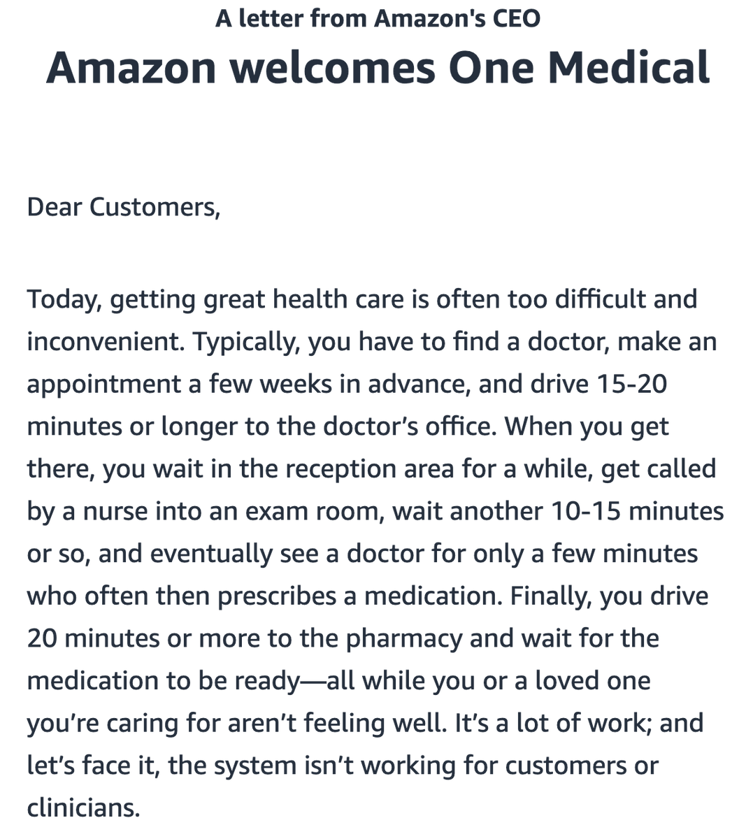 scottopia's tweet image. Wow, @amazon. You really hit it on the head in figuring out the problems with US healthcare. That 15 minute drive and then waiting in the reception area?? Gosh, no wonder the system is not working. Glad you are on it.