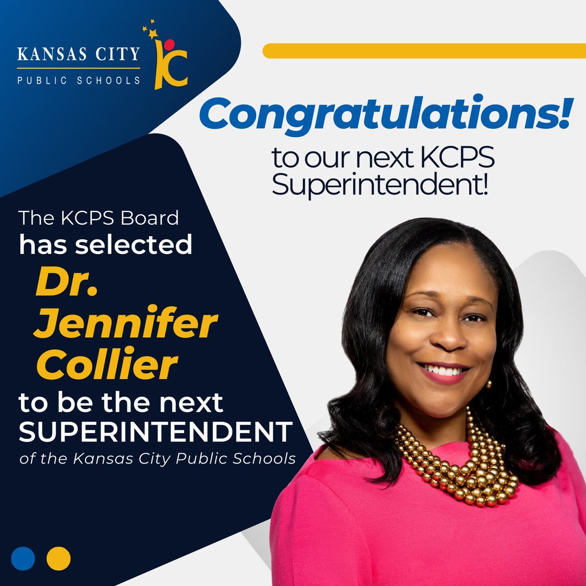 KCPS Board of Directors has selected Dr. Jennifer Collier as its next superintendent! A career educator with 23 years of experience, Dr. Collier has served as interim since July 2022. Was selected after a national search &amp; community feedback.  
#KCPS #KansasCity #PublicEducation