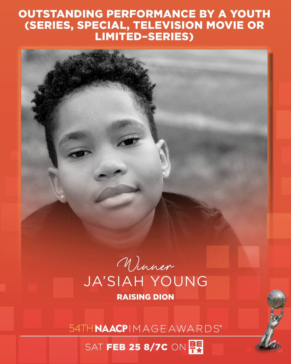 naacpimageaward's tweet photo. Congratulations to @JasiahYoung_ 🎉
Outstanding Performance by a Youth (Series, Special, Television Movie or Limited–series) for #RaisingDion. 54th #NAACPImageAwards 🏆 https://t.co/ip9yOr9MIy