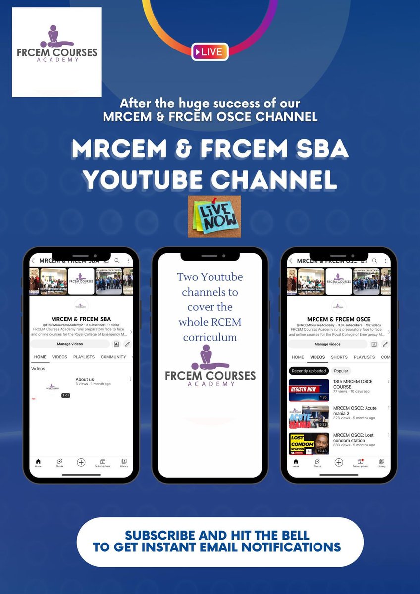 mohammed_rich's tweet photo. We are glad to announce the lunching of our second Youtube channel ( MRCEM &amp; FRCEM SBA) to help our colleagues who are planning to sit the MRCEM/FRCEM SBA exams.

https://t.co/r88UOt7f75 https://t.co/JxKmSAAfuS