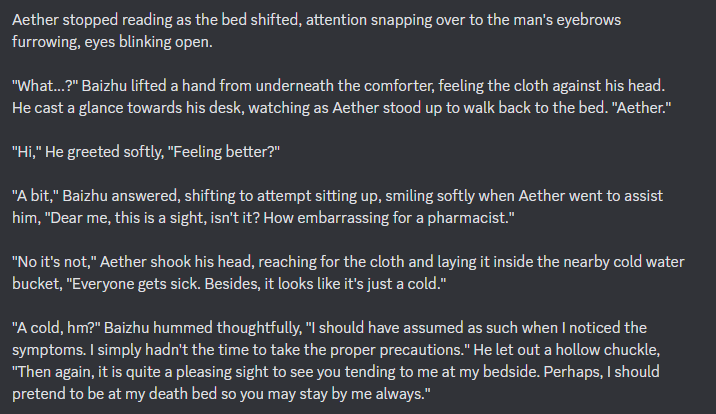 FlowerofFira's tweet photo. @CoffeeFoxArt I actually forgot what this dude sounded like, so I looked up that 11 minute Baizhu cutscene video. I know he's got an illness but I dunno if Aether knows that soo, here ya go! Hope it's okay ๐
โค๏ธ #Baither #Baizhuther https://t.co/nRzrU4Qqy6