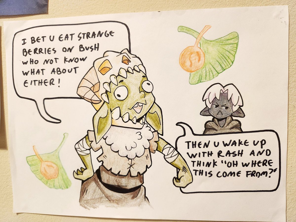 Did you know that eating a ginko fruit will give you a rash? Don't ask me how I know that.👀 

Anyway Gilnek is on my wall now to remind me not to eat strange berrie who not know what about. Not that I 👀 need reminding or anything...
#DanJonesandDragons