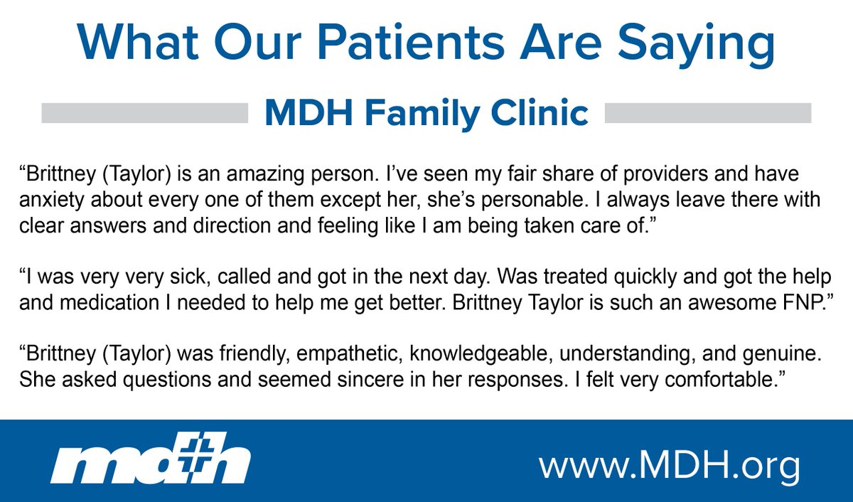 What Our Patients are Saying

Brittney Taylor, FNP-C with the MDH Family Clinic is accepting patients.

For more information about MDH Primary Care services, visit: mdh.org/our-services/p…