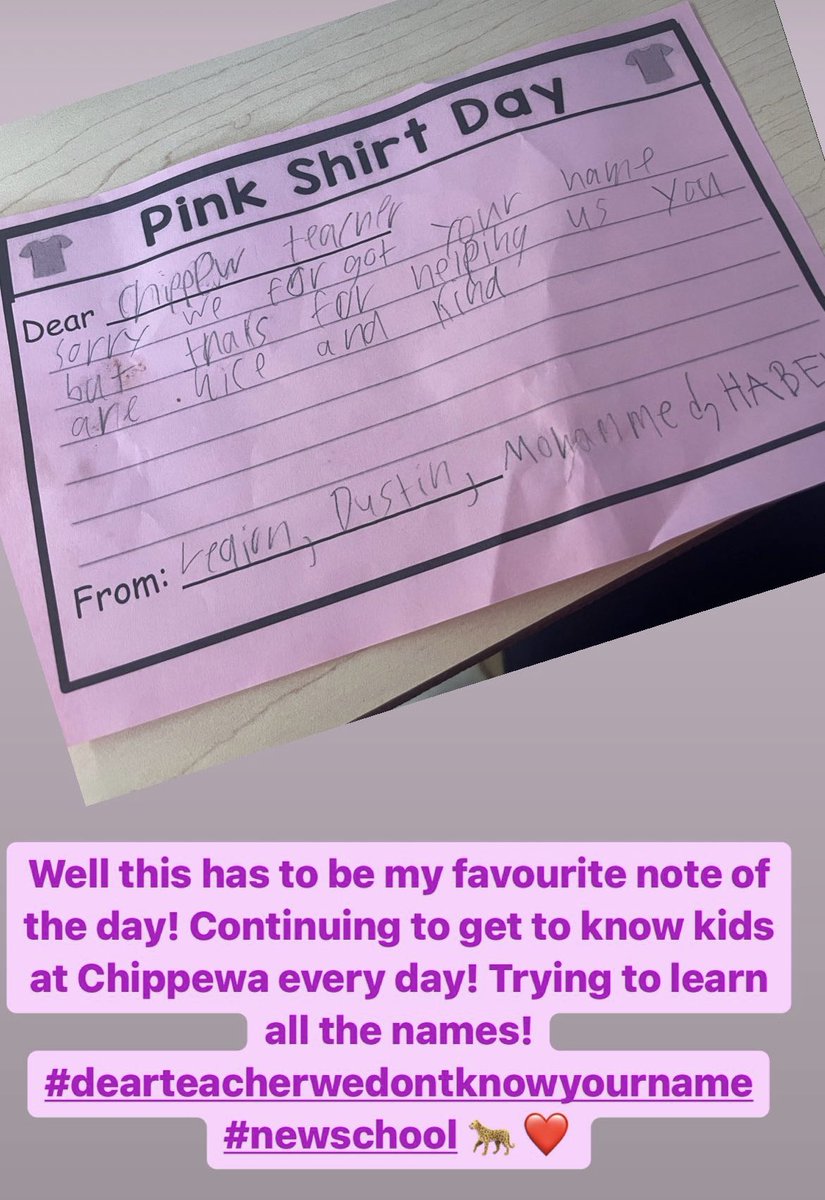 - well this has to be my highlight of the day! Being new is hard… but every day I’m learning names and making connections! Today I helped some primary students and they came back with this note 10 minutes later! #whoyouarematters ❤️