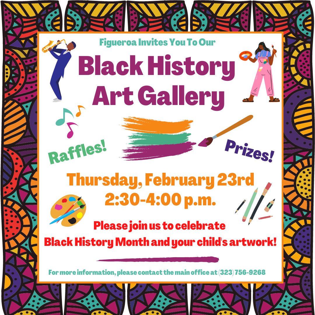 FigDolphins's tweet photo. 🎨🖌️Please join us tomorrow after school for our Black History Art Gallery! 🎉Our students are excited to show off their amazing art work! 🧑🏾‍🎨👨🏼‍🎨👩🏽‍🎨Students will receive 50 Dolphin Tickets if they have a family member attend. 🐬🎟️ https://t.co/uvJzVMtBMN