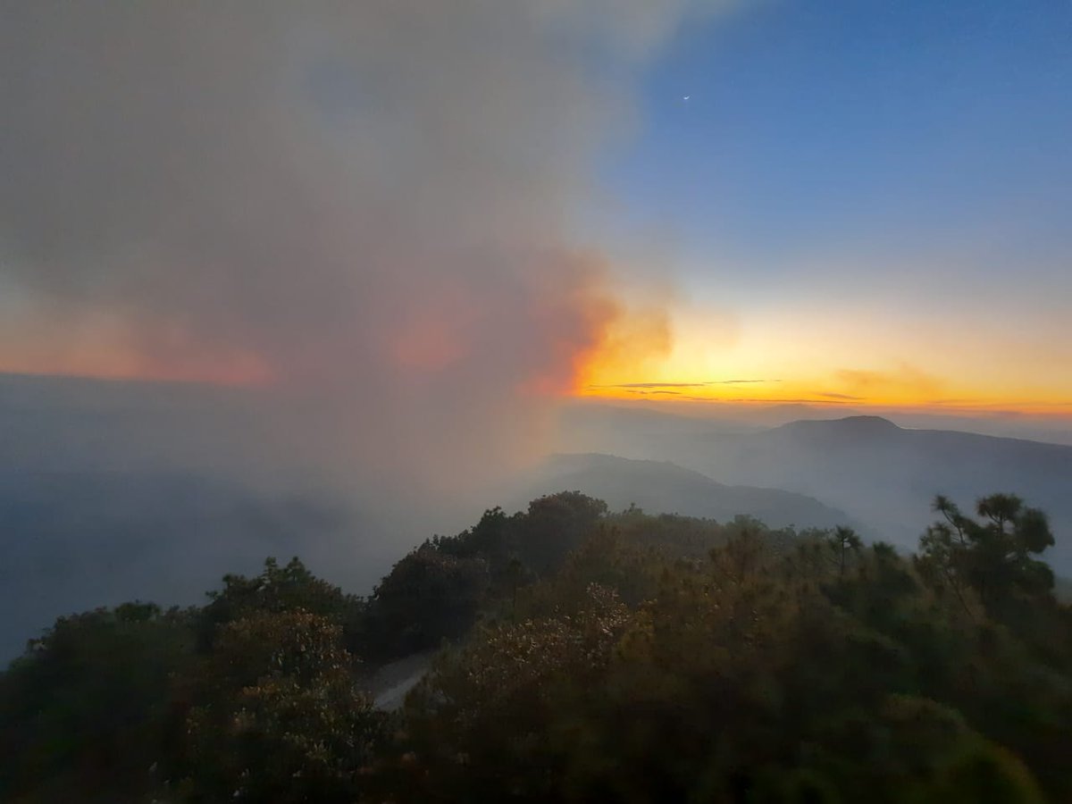 viogu's tweet photo. Las líneas de fuego avanzando sobre Los Volcanes, en La Primavera; y con la luz del día se van los dos helicópteros de combate. Se quedan brigadistas forestales a poner el cuerpo en la noche. https://t.co/8MWKlabebJ