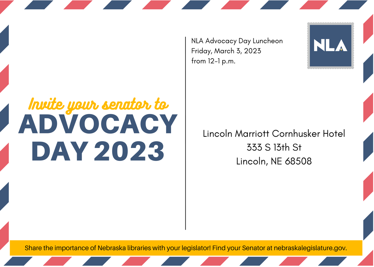 NebLibraries's tweet photo. Invite your community's State Senator to the Advocacy Day Luncheon! Lunch tickets are $35.💌 https://t.co/tcwhuDLk3q
