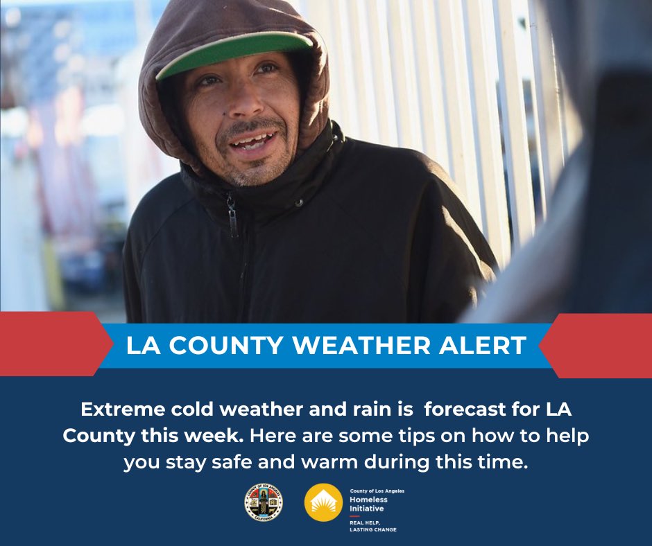 Extreme cold weather and rain is forecast for LA County this week. If you or someone you know who is experiencing homelessness needs further assistance, please call 2-1-1 or visit lahsa.org/winter-shelter