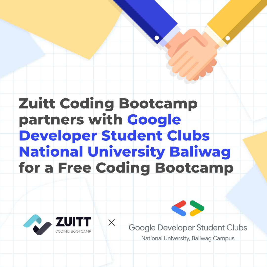 zuittco's tweet image. Zuitt officially welcomes Google Developer Student Clubs - National University Baliwag to its community.

Join our Free Coding Bootcamp. Register here: codenow.zuitt.co/FCBMar1Register

#FreeCodingBootcamp #ZuittCodingBootcamp #GoogleDevelopersStudentClub