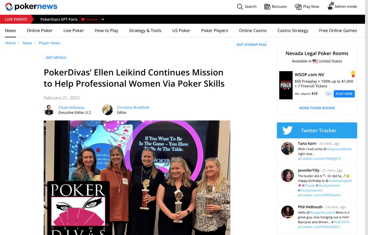 Ellen Leikind (<a href="/ellenleikind/">ellen leikind</a>) established <a href="/PokerDivas/">PokerDivas</a> back in 2006 and they're still going strong in their mission of helping professional women (and men) become bold and decisive at the conference table through the skills they acquire at the poker table.

pokernews.com/news/2023/02/p…