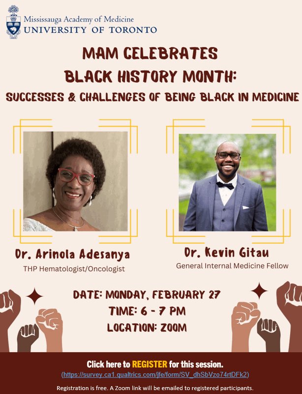 The MAM EDI Committee is hosting “MAM Celebrates Black History Month” next Monday Feb 28 from 6-7PM which will highlight the experience of being a black physician/trainee and how to be an ally to black colleagues/patients. Register today: survey.ca1.qualtrics.com/jfe/form/SV_dh…
