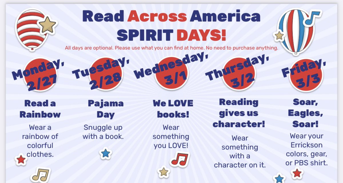 Let’s get ready to READ ACROSS AMERICA! Below please find the upcoming spirit days for Read Across America Week!