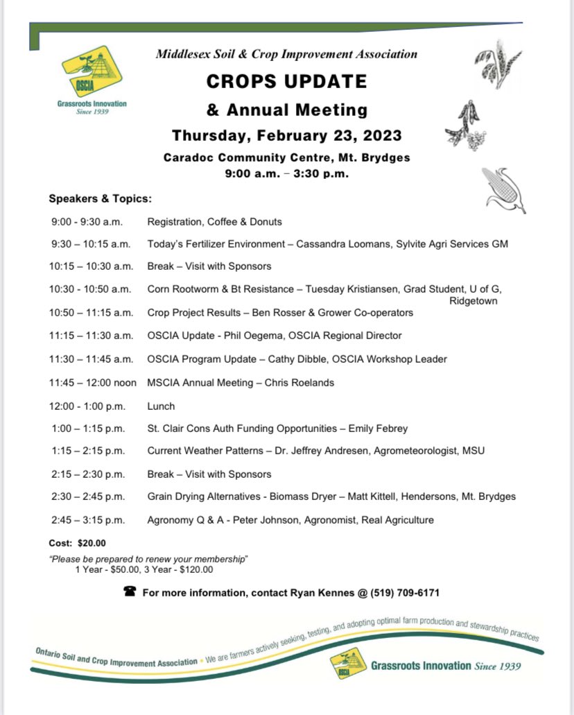 We are still on for tomorrow’s MSCIA Winter Crop Update, got a great lineup of speakers, should be a really informative day - come on out if you can! ⁦<a href="/OntarioSoilCrop/">Ontario Soil & Crop</a>⁩ ⁦<a href="/WheatPete/">Peter Johnson</a>⁩