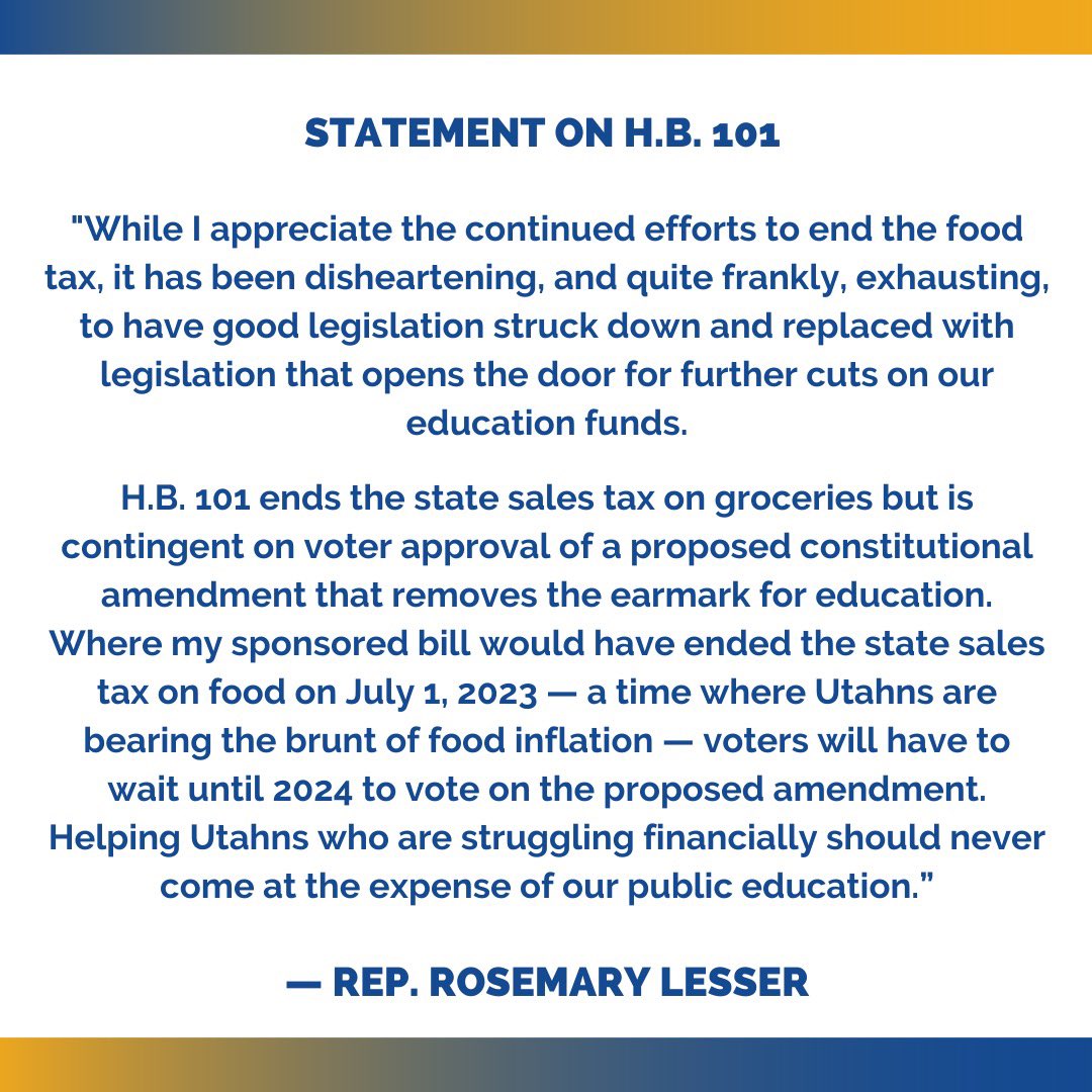 RepLesser's tweet photo. My statement on H.B. 101. 

Helping Utahns who are struggling financially should never come at the expense of our public education. https://t.co/v6DF78i0Ph