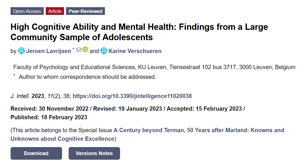 JIntell_MDPI's tweet photo. Whereas the intellectually gifted are often assumed to be vulnerable to #mentalhealth issues, this study shows that adolescents with high cognitive ability are not at increased risk of such problems.

#giftedness @KarineVerschue1

Read the paper: https://t.co/8DLmA20kqc https://t.co/5aHlu0sPsn