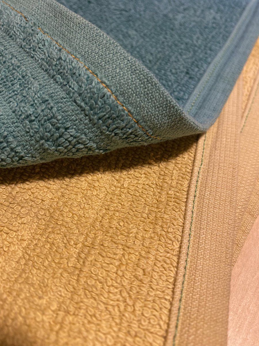 QuiltedTortoise's tweet photo. Washcloths are all hemmed back up! 

I used up old bobbins, yellow and green. And I am discovering the appeal of a well ironed washcloth! 😂 #visiblemending  #useitup #fabricrepair #mending https://t.co/wyuHtJgWq0