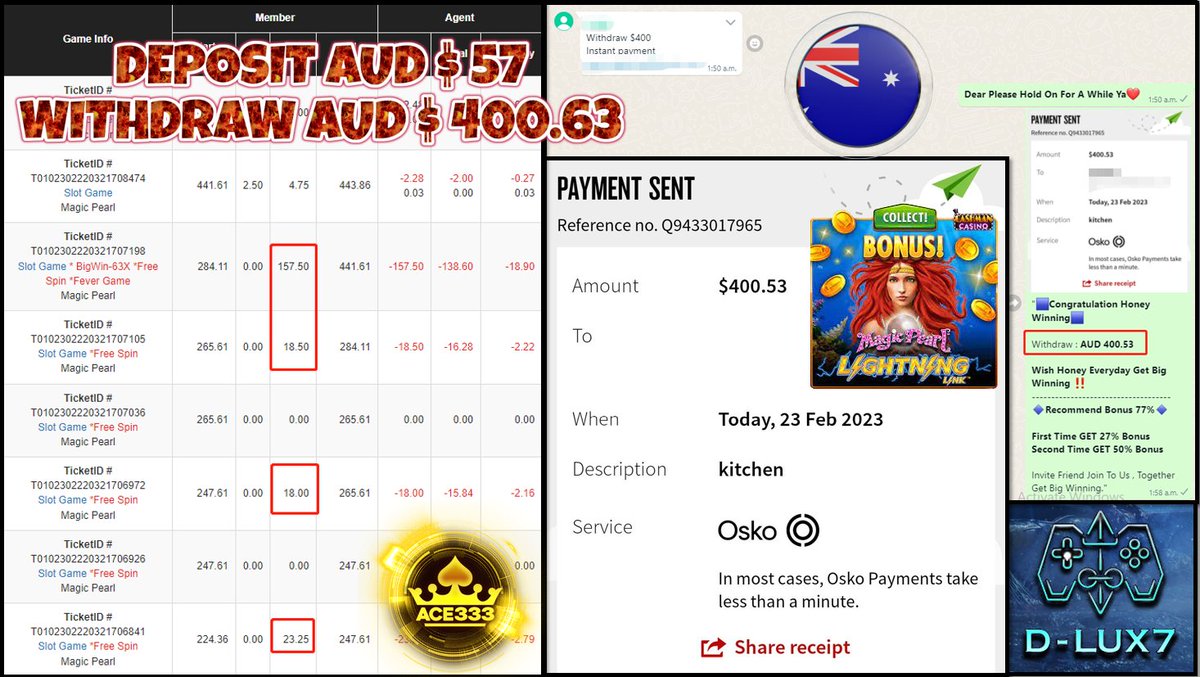 Dlux7Drive's tweet photo. PRODUCT - 🎮  ACE333  🎮

GAME - 🔥MAGIC PEARL🔥 

🎰‼️‼️ FREE SPIN WIN BIG ‼️‼️🎰

DEPOSIT : 💥 AUD 57.00 💥
CASHOUT : 💥 AUD  400.63 💥 

===============

🔹WELCOME BONUS 177%
🔹DAILY BONUS 30%
🔹UNLIMITED BONUS 10%
🔹DAILY AUTO REBATE 5%-10%
🔹REFERRAL BONUS 77% https://t.co/MvzuGL1AqD