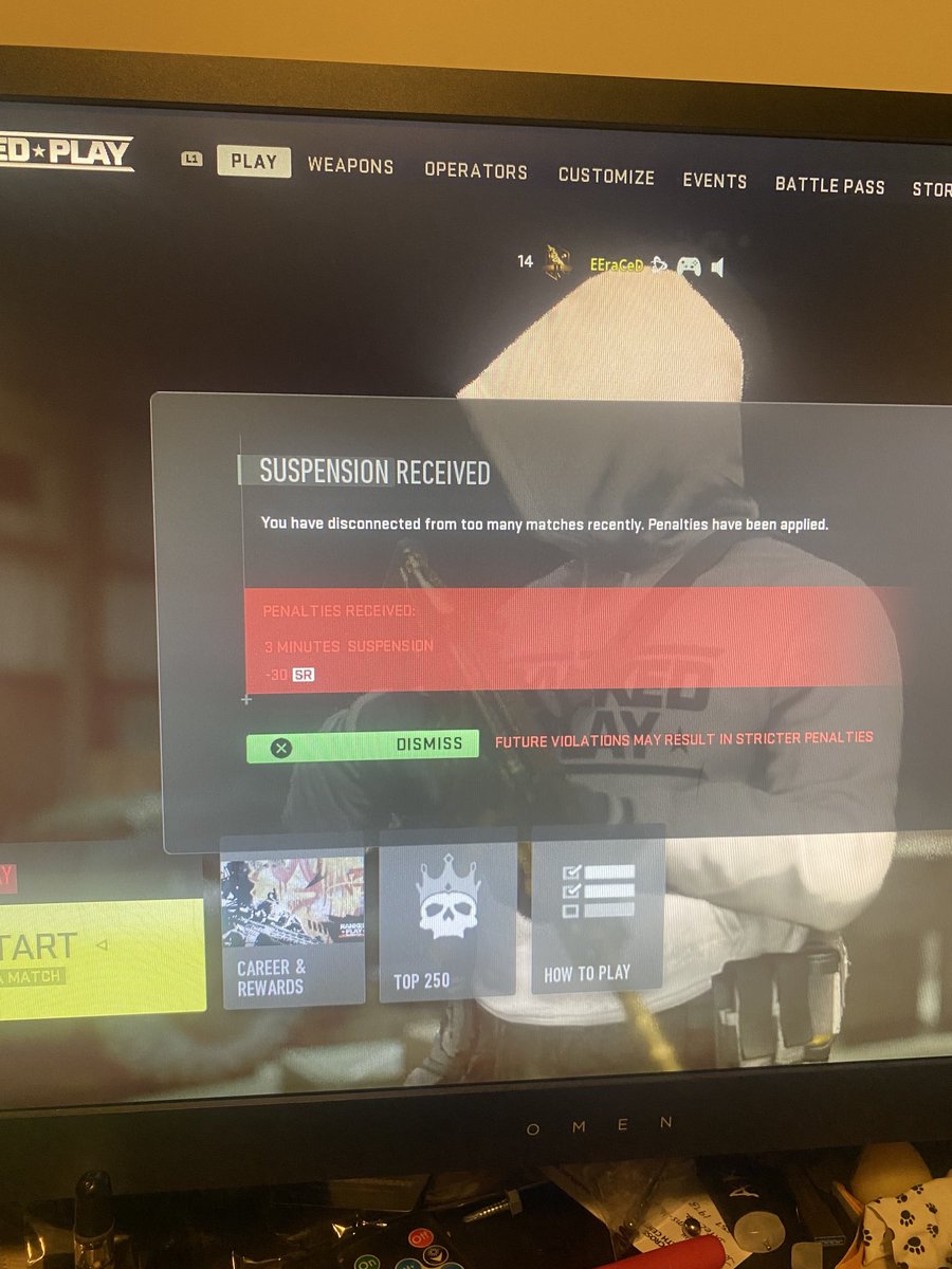 EEraCeD_'s tweet photo. ⁦@CallofDuty⁩ how is it that you guys are penalizing people for turning on the game? I just turned my pc on and opened mw2 to this.. https://t.co/pO8PI22nFW