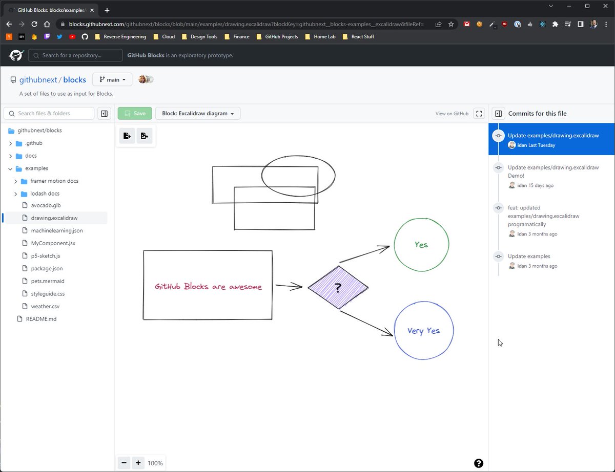 Hacksore's tweet image. I can&apos;t wait for this to be on the real @github because it&apos;s amazing #githubblocks #githubnext

Good work to the @excalidraw &amp;amp; @github team