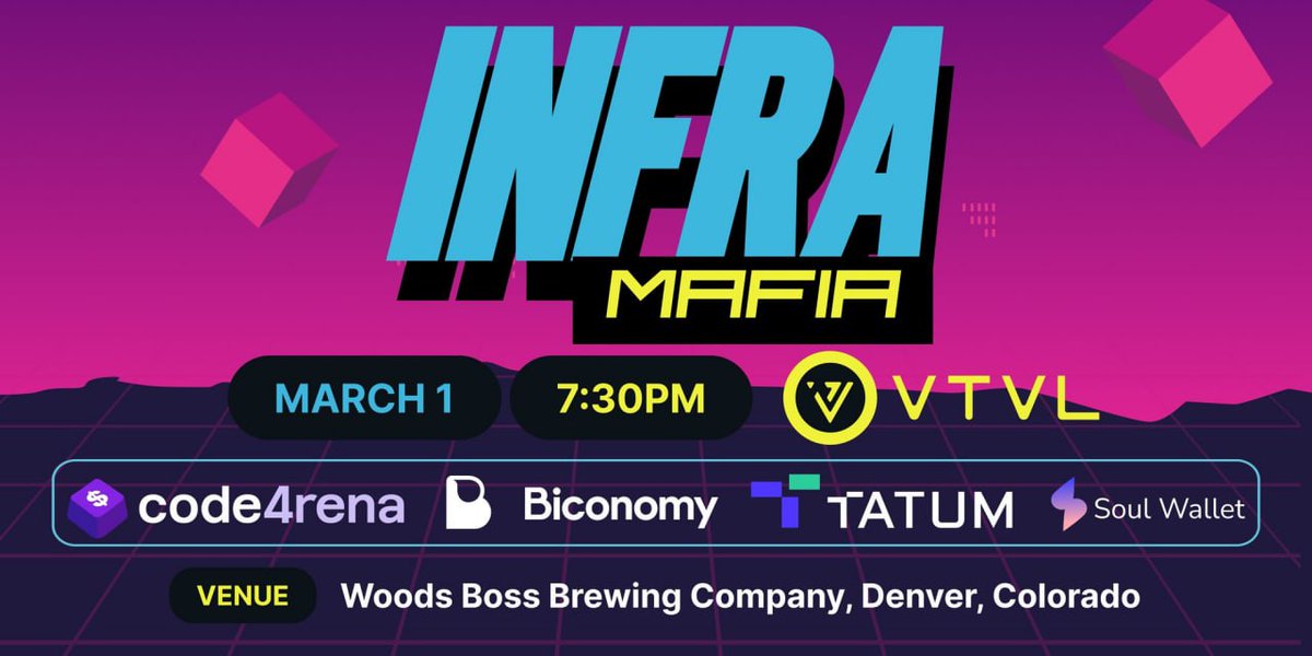 _onesimo_'s tweet photo. El #InfraMafia🕵️‍♂️ se dirige a @EthereumDenver
🙌Únete a nosotros @vtvlco, @tatum_io, @code4rena+ @soulwallet_eth

 para una adecuada fiesta🍻 de constructores de Web3

🗓 Miércoles, 1 de marzo  
🕑 19:30 - 23:30
🍺 Barra libre: 7:30 - 9:30 pm
¡Inscríbete!
https://t.co/YUaGQcNYyk https://t.co/euon1u2s4G