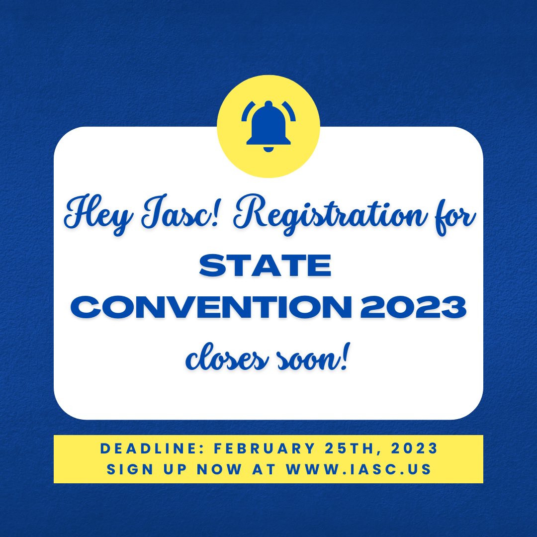Who’s excited for IASC State Convention 2023? If you haven’t signed up, it’s not too late! 3 more days until the regular sign-up deadline - beat the late registration ‼️

#iasc #studentleaders #homegrownhoosiers