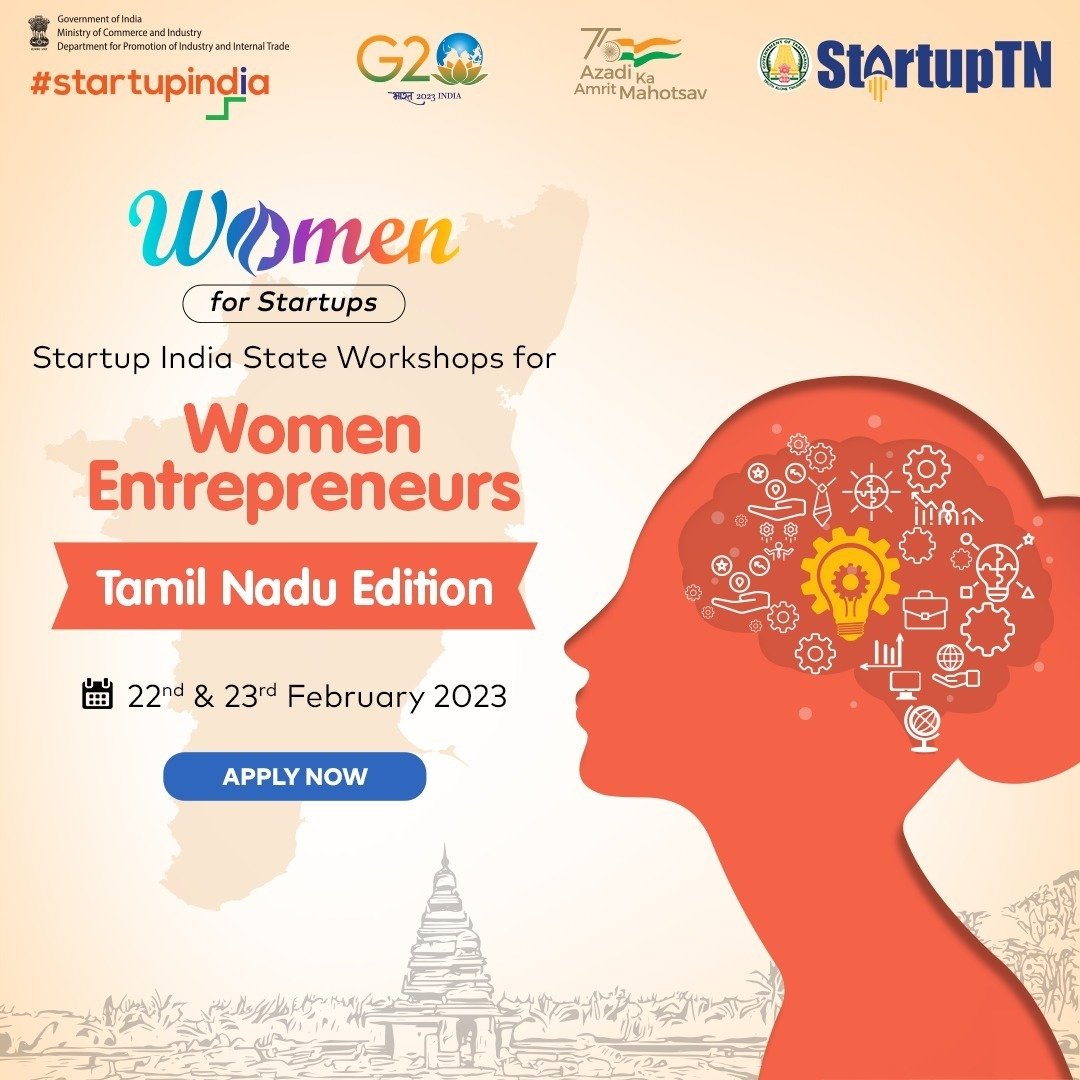 startupindia's tweet image. We are bringing the #TamilNadu edition of #WomenforStartups: #StartupIndia State Workshops for #WomenEntrepreneurs.

In collaboration with StartupTN at PSG-STEP, Coimbatore, on 22nd and 23rd February 2023.

Register now: bit.ly/3Yr4fXs
