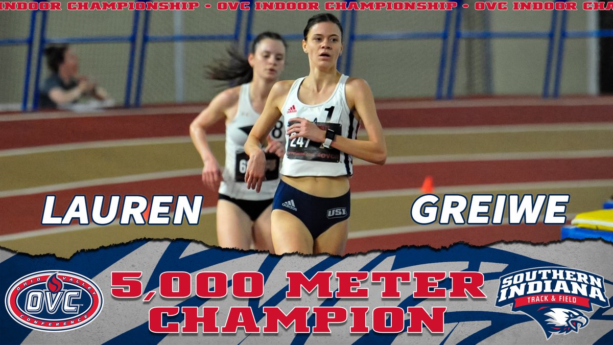 USIAthletics's tweet photo. 𝐎𝐔𝐑 𝐅𝐈𝐑𝐒𝐓 𝐂𝐇𝐀𝐌𝐏𝐈𝐎𝐍🏃‍♀️🦅🏆

Congratulations to Lauren Greiwe who won the 5,000 meters at the @OVCSports Indoor Championship to claim the first individual title for @usixctrackfield in the DI era! The Eagles continue the championship tomorrow.

#GoUSIEagles #OVCit https://t.co/w5qH4cpeqe