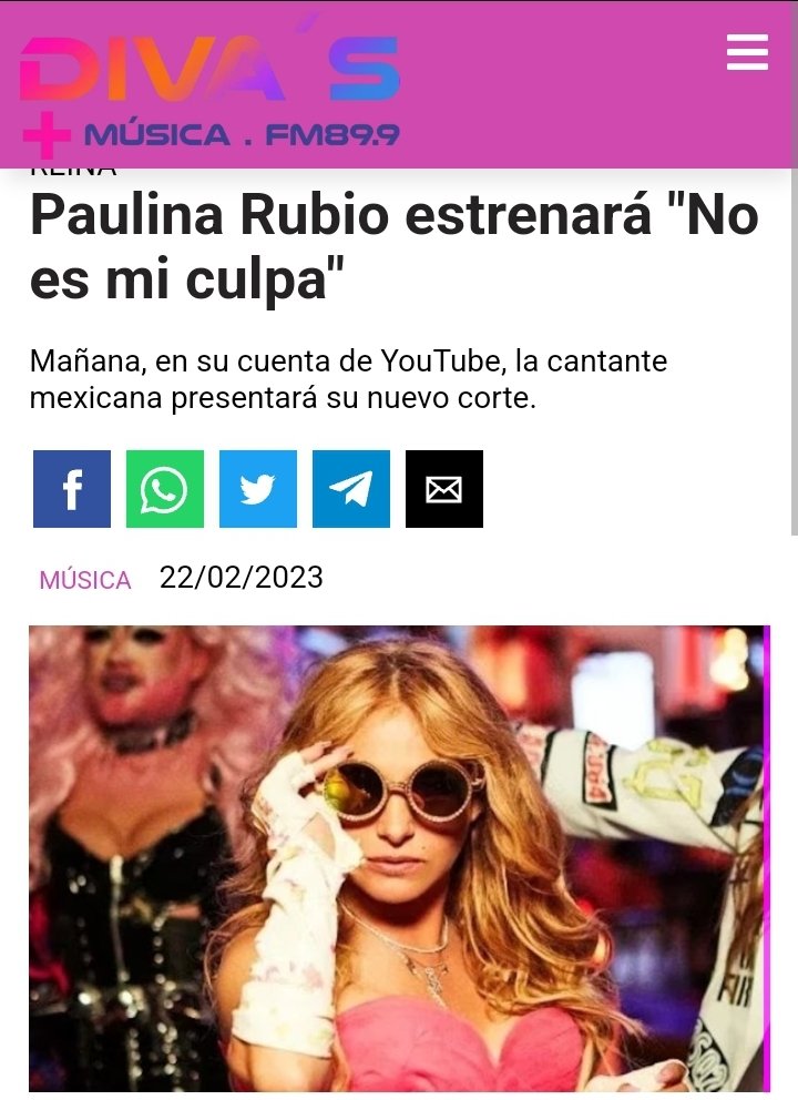 PauRubioMxFans's tweet photo. Los medios ya comienzan a hablar del nuevo sencillo de la #ReinaDelPopLatino @PaulinaRubio que se estrena mañana #NoEsMiCulpa

Ya puedes darle #presave a la canción:
https://t.co/5EGiEPICNF
Y al video en #YouTube:
https://t.co/LGeil5YtZD

#PaulinaRubioNoEsMiCulpa https://t.co/SfEP7KhAqc