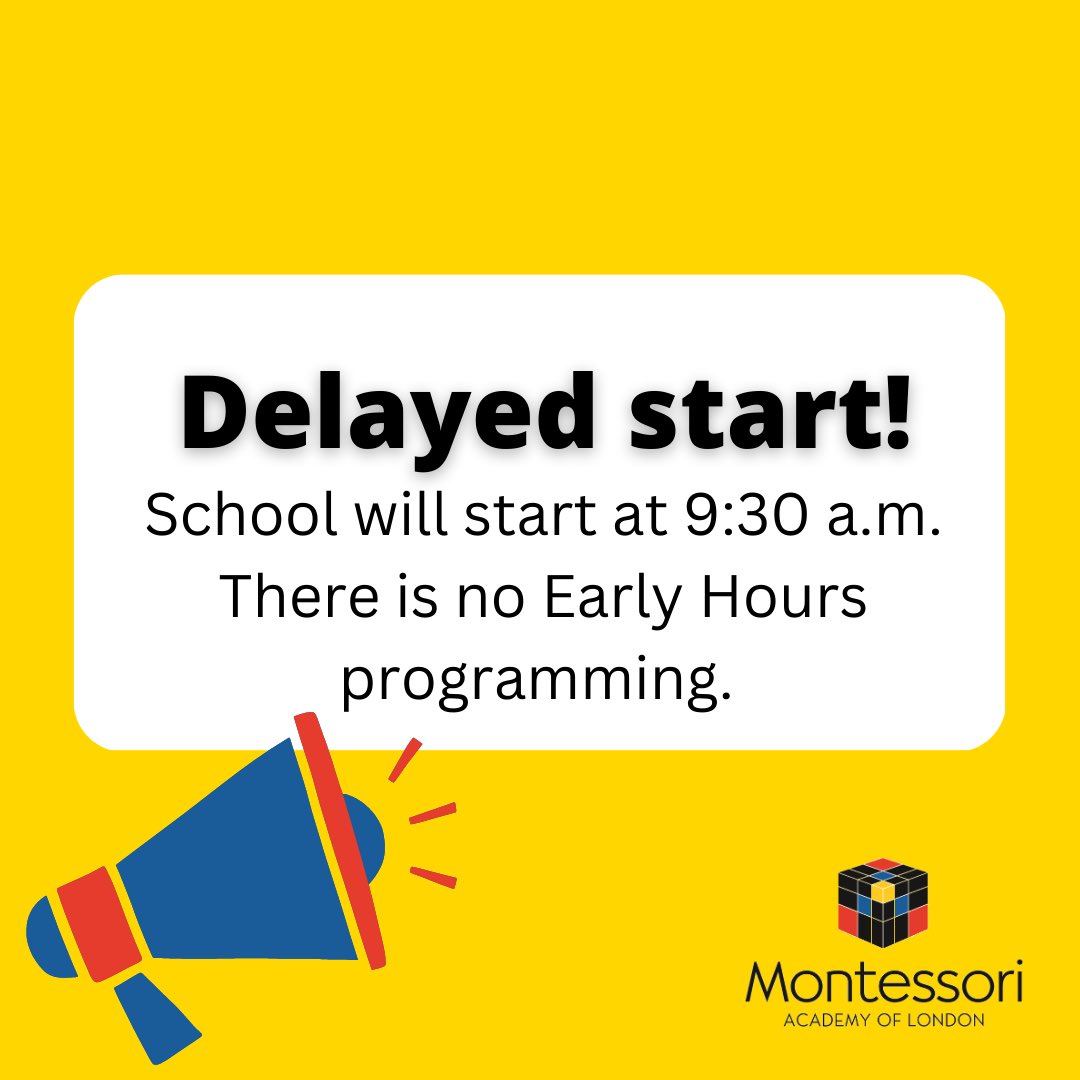 Due to the extremely bad conditions, School will start late on Thursday, Feb 23, at 9:30am. There will be no Early Hours. We will continue to monitor the weather situation early Thursday morning and follow our school closure policy if necessary.