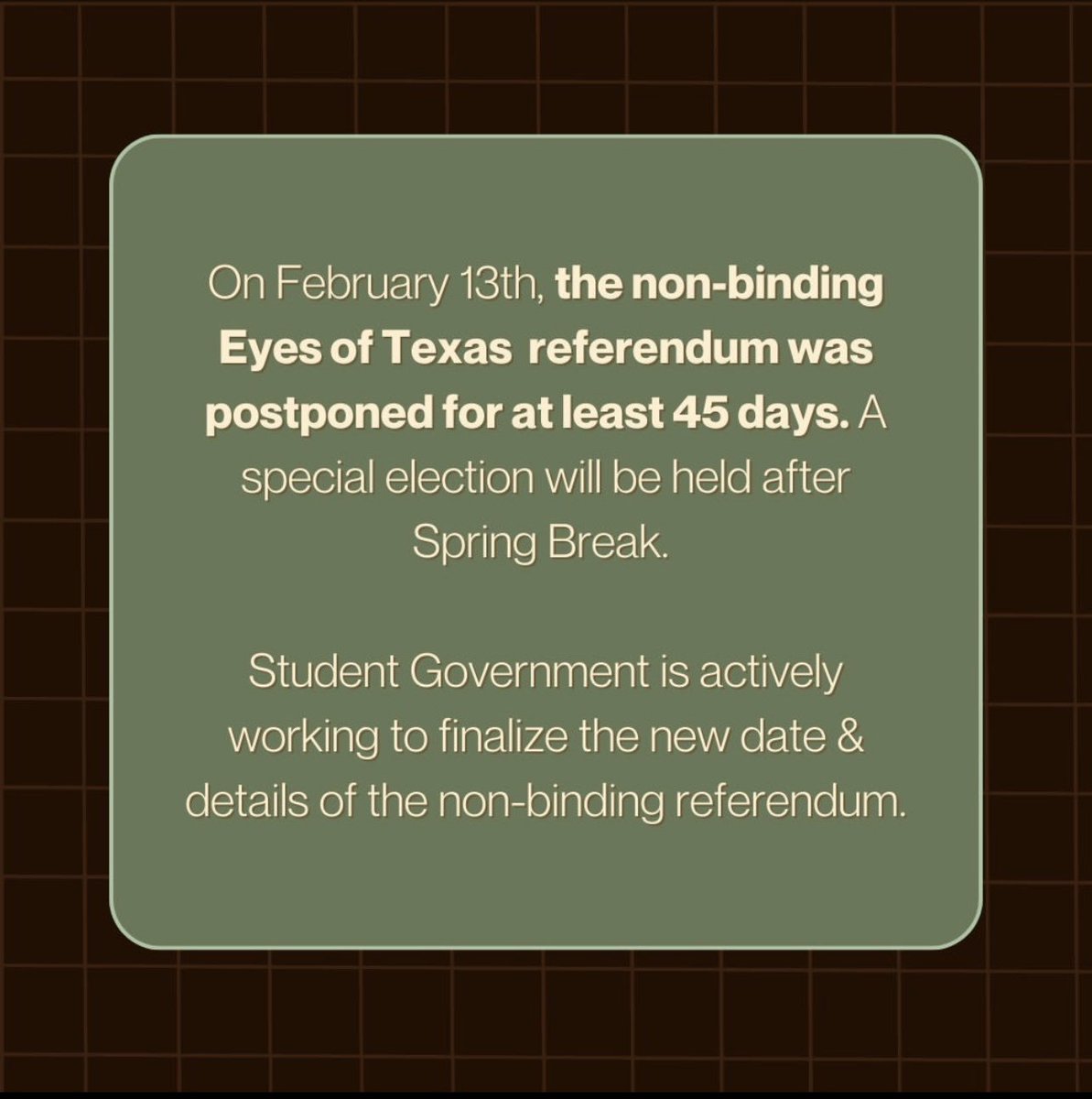 Please read the Official Statement from the Speaker of the Assembly concerning the Eyes of Texas Referendum. 

#ut26 #ut25 #ut24 #ut23 #utaustin #utsg #studentgovernment #austin #austintexas