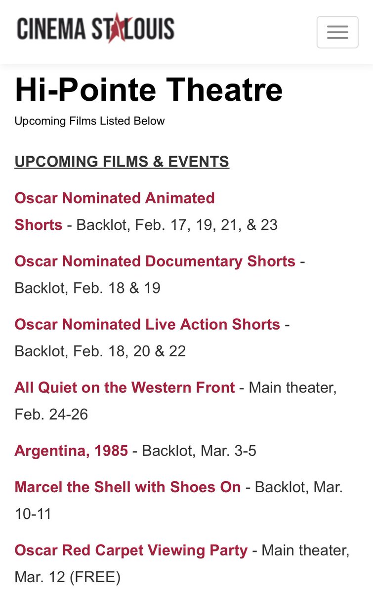sarbiebearbie's tweet photo. @RodentiaSTL @lonesometoast I think it is at Hi-Pointe too. It’s on their marquee and their website says to visit Cinema St. Louis. https://t.co/XgqZDIgIIQ