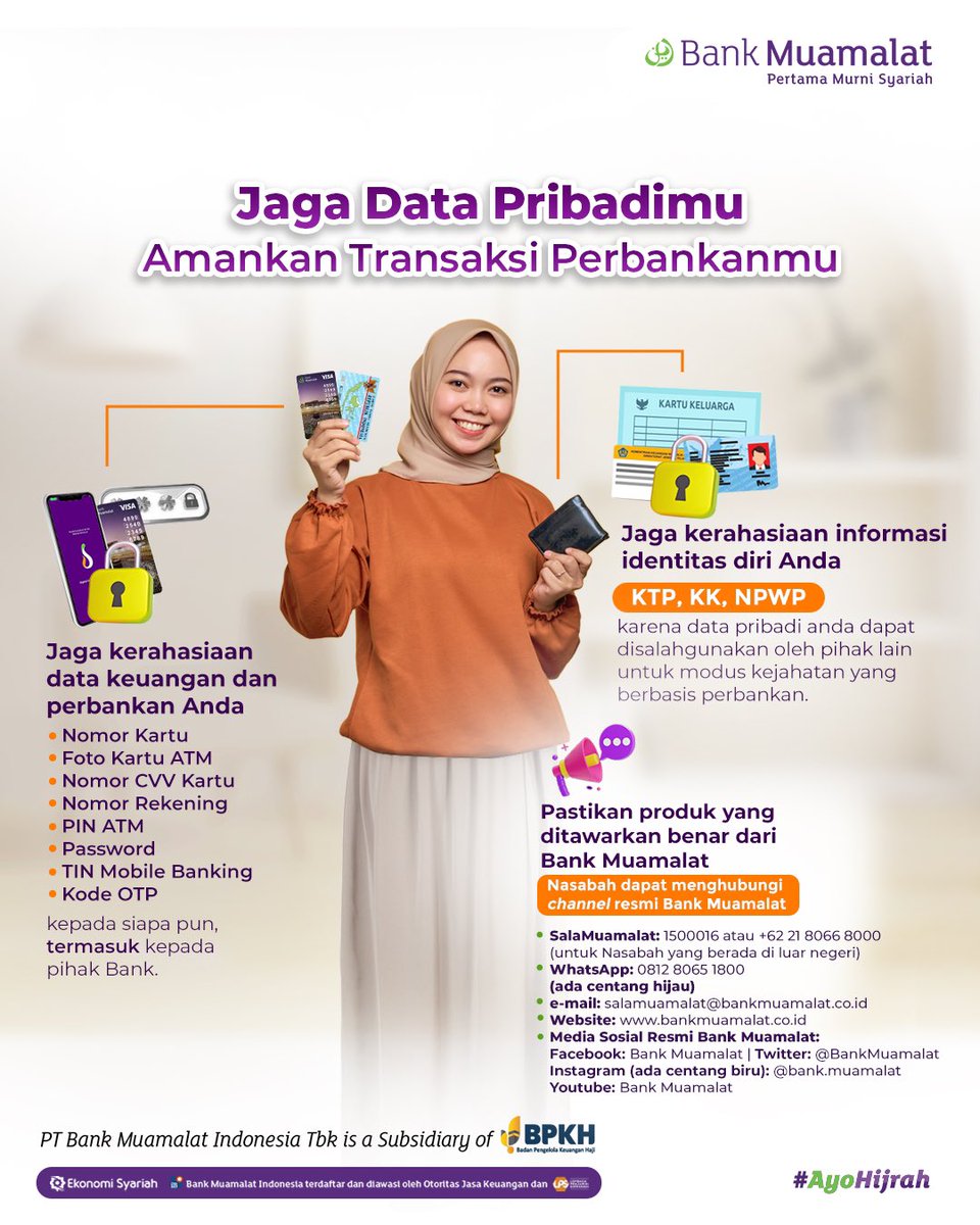 BankMuamalat's tweet photo. Assalamualaikum BMers!
Kejahatan dalam dunia perbankan saat ini makin banyak terjadi. Nah, untuk menghindari hal yang tidak diinginkan, yuk simak tips diatas!
Ingat, selalu berhati-hati dan jaga data pribadimu agar transaksi perbankanmu tetap aman ya BMers.
#MuamalatTips https://t.co/aovO2yQJI4