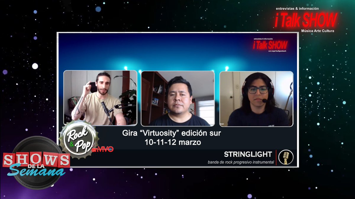 italkSHOWenVIVO's tweet image. iTS vol.4-2 SHOWdelaSEMANA (SDLS 2023-02-22)

Shows de la Semana
Microprograma

#Stringlight - Banda de rock progresivo experimental peruana
 Gira "Virtuosity" edición sur - los días 10-11-12 Marzo

 facebook.com/StringlightOff…
 instagram.com/stringlightoff…