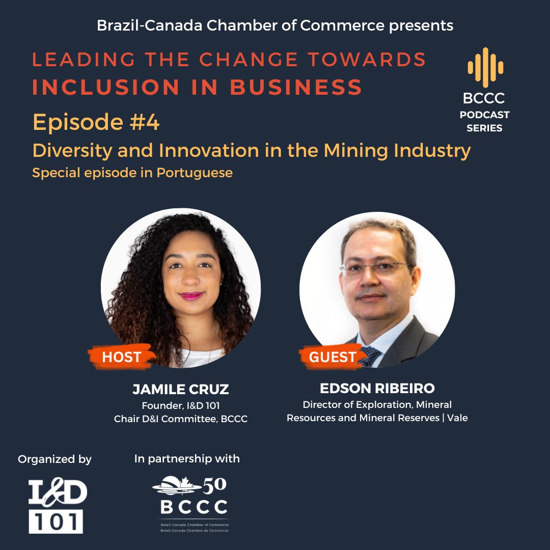 InD_101's tweet photo. The new episode of the BCCC Podcast Series "Leading the Change Towards Inclusion in Business," is on air. The episode features Jamile Cruz, Founder of I&amp;D 101 and Chair of the BCCC D&amp;I Committee, and Edson Ribeiro, Director at Vale. https://t.co/g2jIQz6Q2h