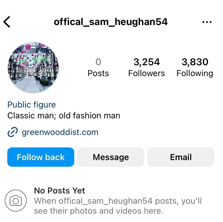 JudyMaxB's tweet photo. This one on Instagram.
"Classic man, old fashioned man" 😂😂😂
0 Posts?🤔
What isn't funny are the 3,254 Followers🤦♀️
Come on girls, think before you follow. You can spot this one easy as a #ScamNotSam
No blue check mark, odd account name, not Sam. https://t.co/P0M1K7jWu3