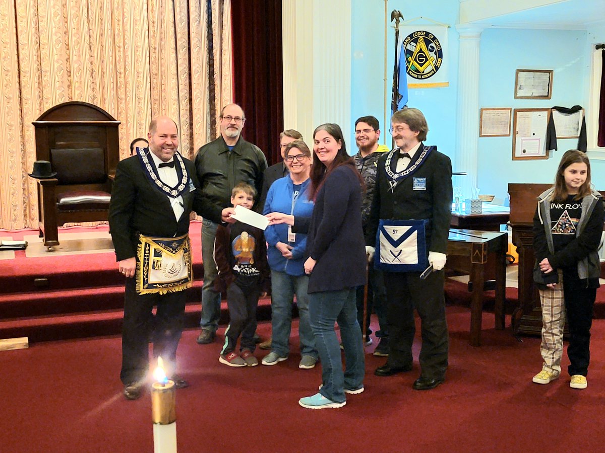ExecDir &amp; Reps from <a href="/RiseUpArtsOhio/">RiseUpArtsAlliance</a> presented <a href="/LancasterMasons/">Lancaster Lodge 57</a> with a check for their share of proceeds from Sweeney Todd, which go toward upkeep of the historic Temple. We've supported Lancaster's arts and education for 200 years. <a href="/GrandLodgeOhio/">Grand Lodge of Ohio</a>