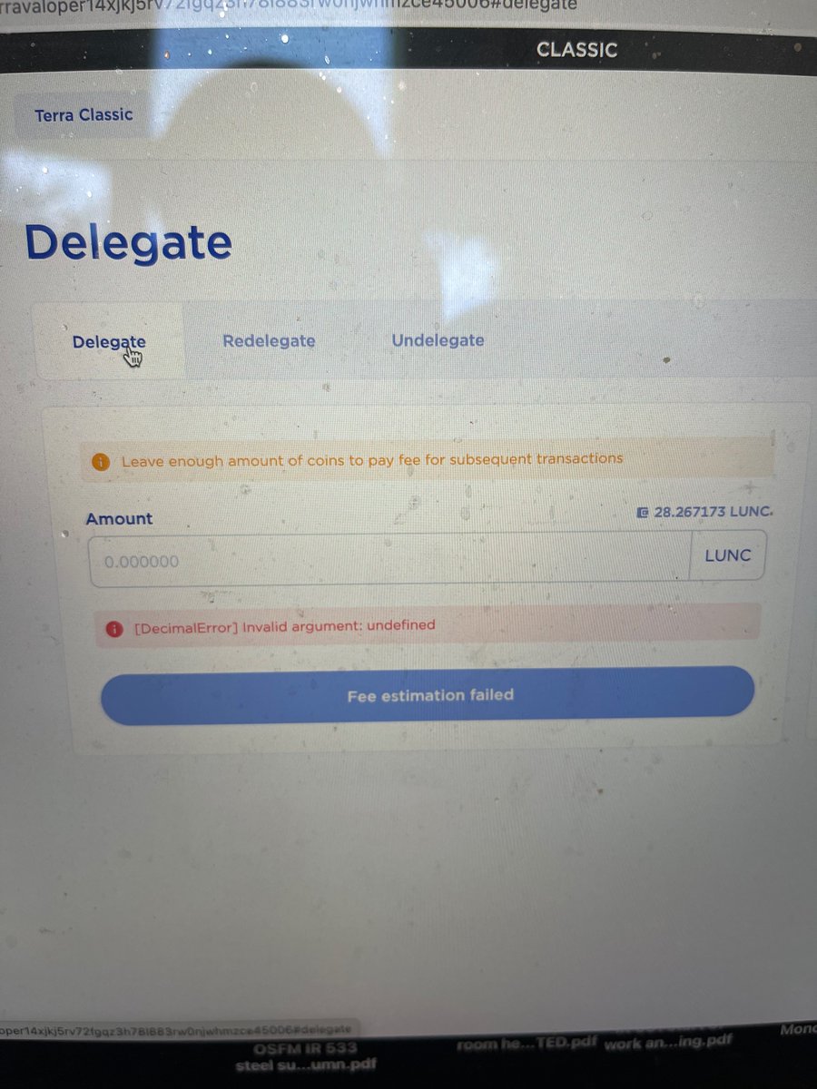 Drakeheintzz's tweet photo. @TerraRebels Please see the attached picture. I can’t withdraw rewards, undelegate, or redelegate my staked tokens. It says their is a error. I know you guys aren’t associated, but I also am having this issue on station extension and terra station IOS application. https://t.co/QBur68NqX9