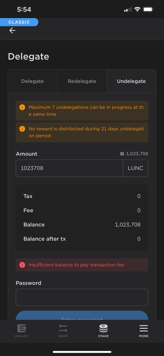 Drakeheintzz's tweet photo. @Jared_TFL Is there a upgrade happening to the Terra Station IOS app? Unable to do any basic functions now such as claim staking rewards, swap, etc. Tried to use Station extension on google chrome web browser and have the same issue.  It’s been a few weeks. https://t.co/S9SI4Q0DsG