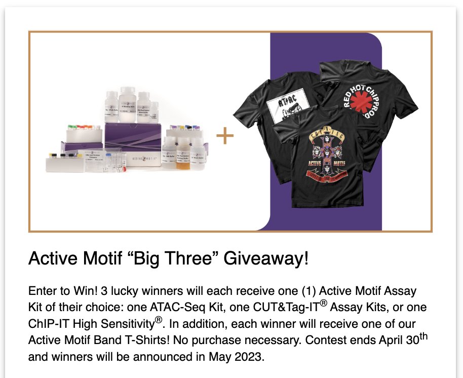 activemotif's tweet photo. Want one of our awesome Band T-shirts?
Do you do #Epigenetics?
Win-win opportunity here: enter for your chance to win BOTH an Active Motif Assay Kit & a T-Shirt of your own! https://t.co/5qglbjUASa
#cellbiology #transcriptomics #ATACSeq #ChIPSeq #CUTnTag #ScienceTwitter https://t.co/KJfKtAgqXB