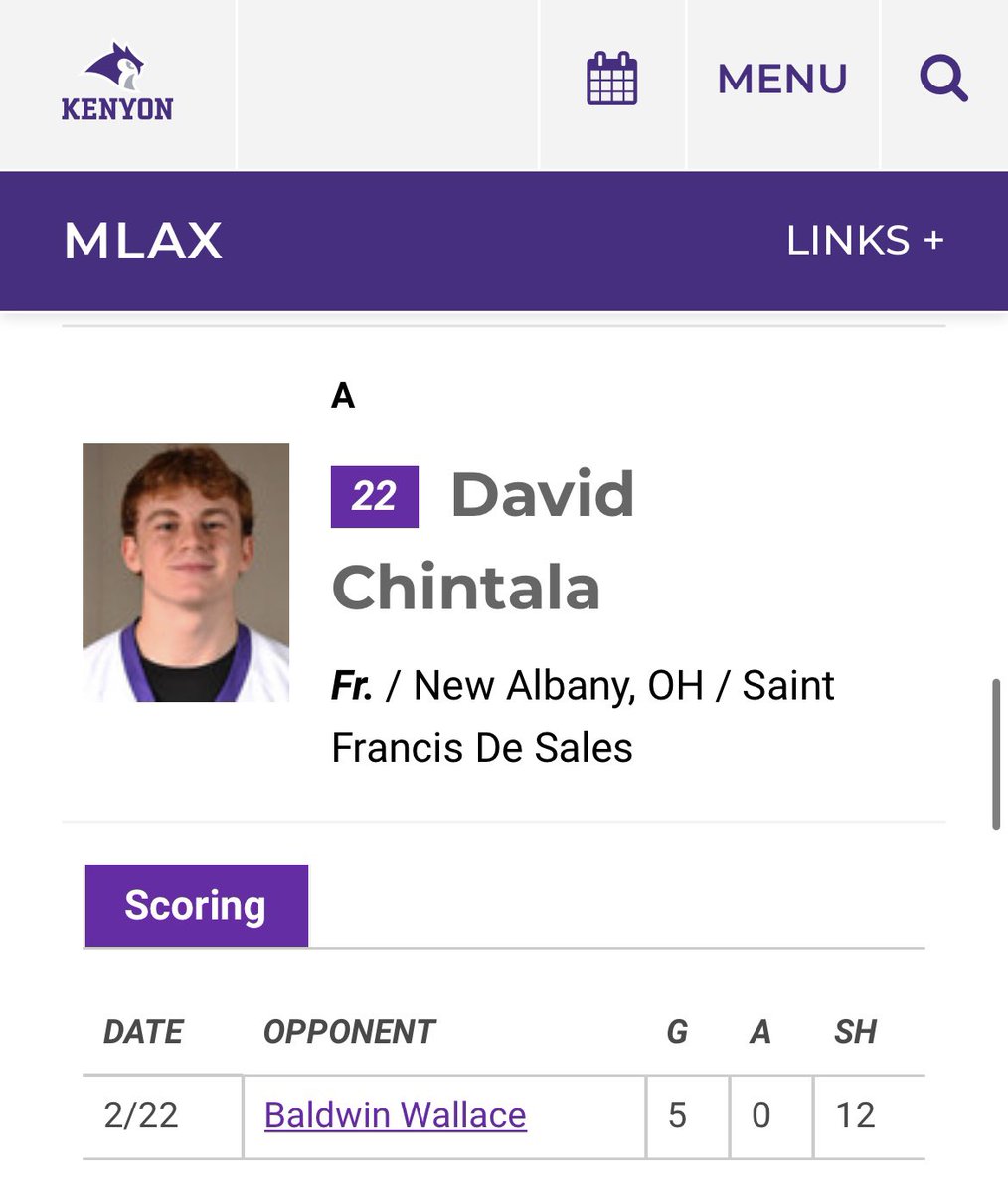 Congratulations David Chintala, he picked up where he left off and scored 5 in his season opener include the game winning goal. @KenyonMensLax 😳