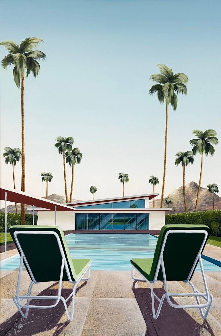 What if the sun-drenched days of summer never had to end? Chris Riley says they don't have to. Chris's realistic style & use of light eternalize the famed architecture of Palm Springs. Step into his desert landscapes. l8r.it/lbM4 (Art: Poolside Escape with a View)