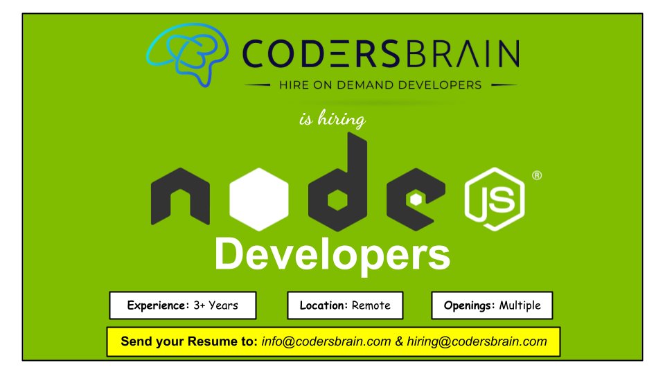 codersbraintech's tweet image. @codersbraintech is hiring #nodejsdevelopers #nodejs #nodejsdeveloper #nodejsjobs #node #jobseeker #recruiter #interview #hiringnow #vacancy #jobsearching #education #jobinterview #getskilled #gethired #getplaced #bestitjobs #codersbrain #backenddevelopers #backenddeveloper