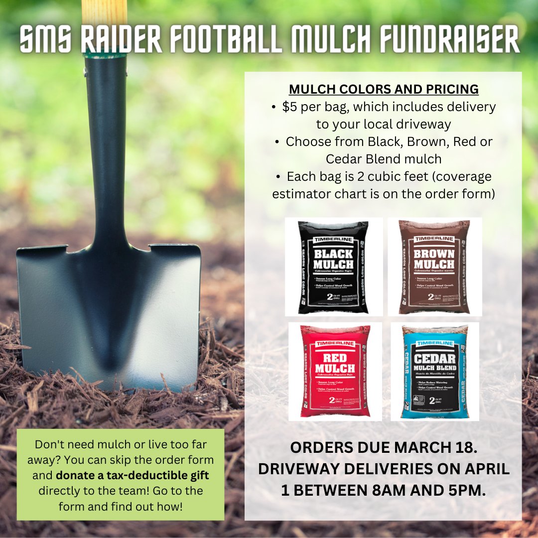 SMSRaiderFB's tweet photo. Need mulch this spring? Our football team has you covered and we will deliver to your driveway!
https://t.co/EO6Oy2E0Er https://t.co/LJzJTqiXc0