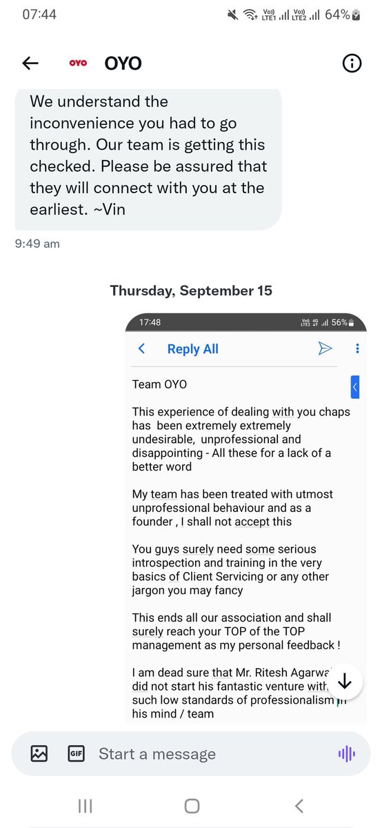 OffingForSea's tweet photo. @riteshagar @riteshagar OYO Mumbai has been extremely unprofessional and harassed our team for last 8 months. Have tried everything from emails to messages to meetings . They don't care . Now let's see if you respond . That's the REAL client management . 
Capt Purnendu Shorey 
@oyorooms https://t.co/AL0ZP5MCcr