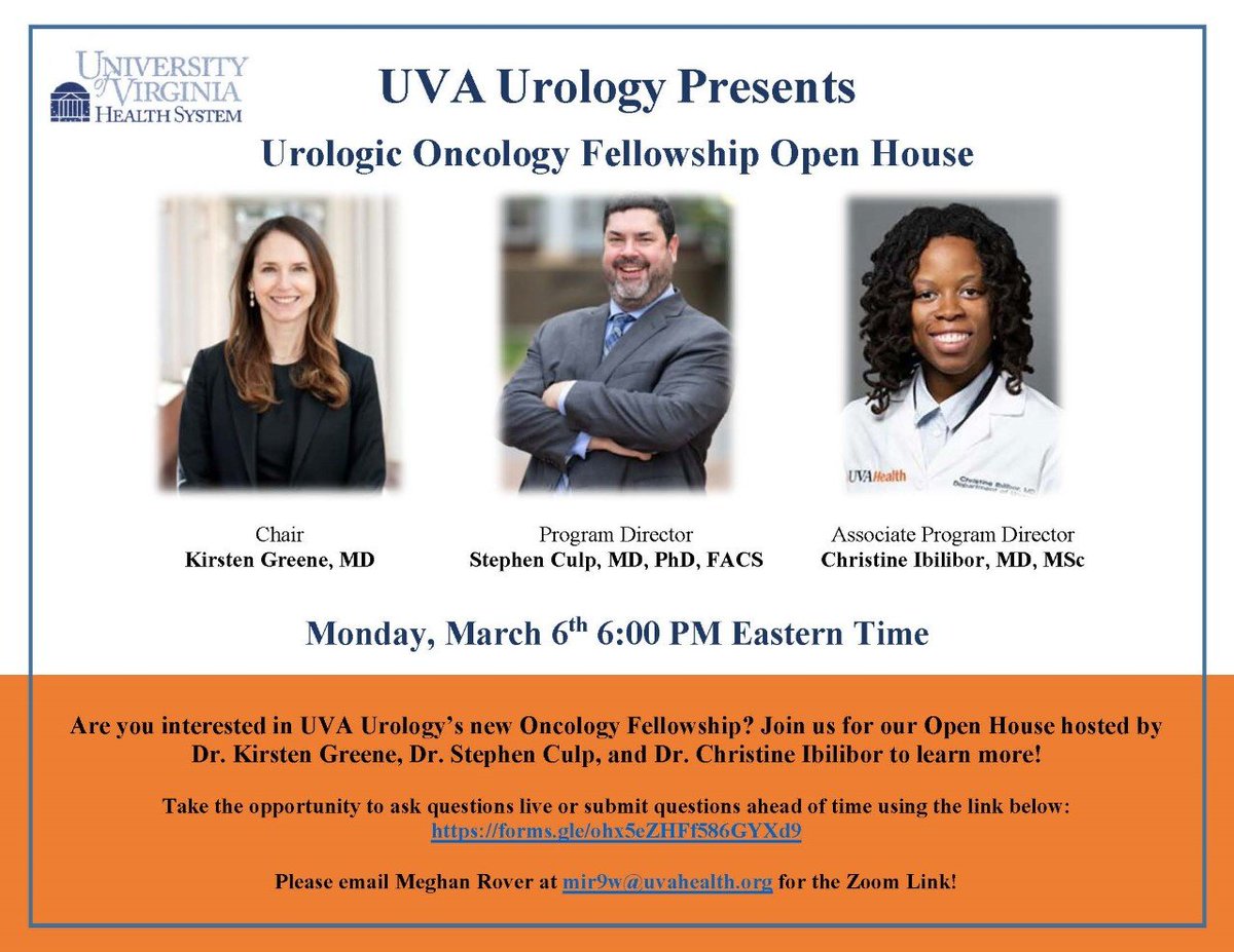 UVA Urology (@uvaurology) on Twitter photo Interested in our new Oncology fellowship? 🩺Join us for our virtual open house on Monday March 6th with Drs. Greene, Culp & Ibilibor! Submit your questions ahead of time at the link below! ⬇️ <a href="/KGUROmd/">Kirsten Greene</a> #uva #urology #uvaurology
docs.google.com/forms/d/e/1FAI… Interested in our new Oncology fellowship? 🩺Join us for our virtual open house on Monday March 6th with Drs. Greene, Culp & Ibilibor! Submit your questions ahead of time at the link below! ⬇️ <a href="/KGUROmd/">Kirsten Greene</a> #uva #urology #uvaurology
docs.google.com/forms/d/e/1FAI…