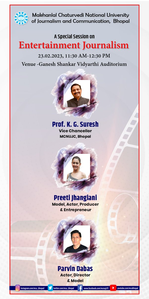 Models & Actors @preetijhangiani of Mohabbatein fame & @parvindabas of Khosla ka Ghosla repute to address special session on #EntertainmentJournalism @mcu_bhopal today orgd by our Dept of Cinema Studies.
@IIMC_India @FTIIOfficial @srfti_official @SunilAmbekarM
@kg_suresh @ANI