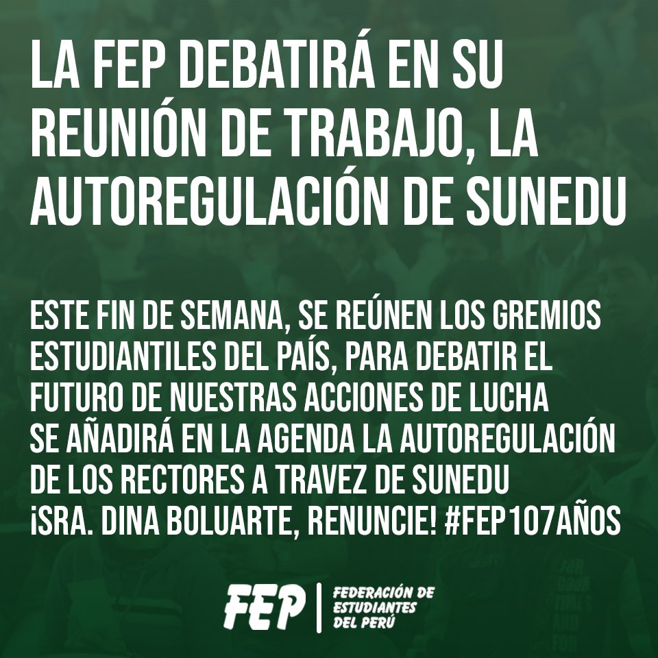 FEP1916's tweet photo. Este fin de semana, se reúnen los gremios estudiantiles del país, para debatir el futuro de nuestras acciones de lucha.
Se añadirá en la agenda la auto regulación de los rectores a través de SUNEDU. ¡Sra. Dina Boluarte, renuncie!
Inscríbete: https://t.co/B0aGx0jaUL
#FEP107Años https://t.co/SASvgGfS82