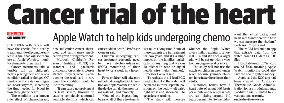 Murdoch Children's Research Institute (MCRI) (@mcri_for_kids) on Twitter photo Speaking to @Sue_Dunlevy in <a href="/theheraldsun/">Herald Sun</a>, <a href="/anygivensundaes/">A/Prof Rachel Conyers</a> explained how this wearable device could let researchers remotely monitor heart rhythms of children undergoing #cancer treatment, without them needing to come into hospital for checkups. Speaking to @Sue_Dunlevy in <a href="/theheraldsun/">Herald Sun</a>, <a href="/anygivensundaes/">A/Prof Rachel Conyers</a> explained how this wearable device could let researchers remotely monitor heart rhythms of children undergoing #cancer treatment, without them needing to come into hospital for checkups.