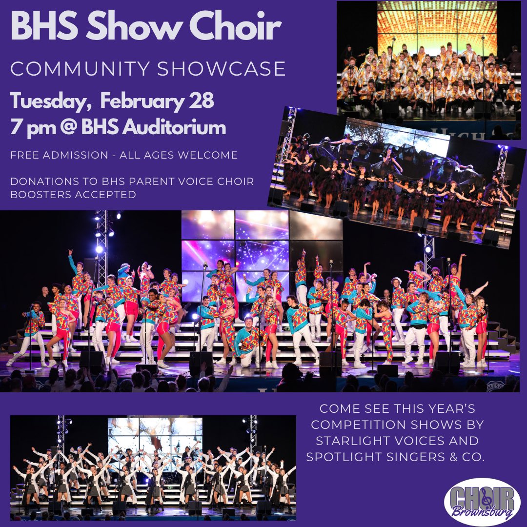 Invite your friends, family, &amp; neighbors to the BHS Show Choir Community Showcase at 7pm on Tuesday, February 28th. It’s a great way to see this year’s competition shows from Starlight &amp; Spotlight! 
FREE Admission 🎟️ 
Donations to BHS Parent Voice Choir Boosters will be accepted